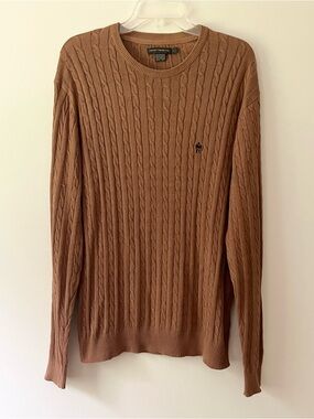 Men's French Connection Cable Knit Sweater Large Tan Classic Crewneck Cotton